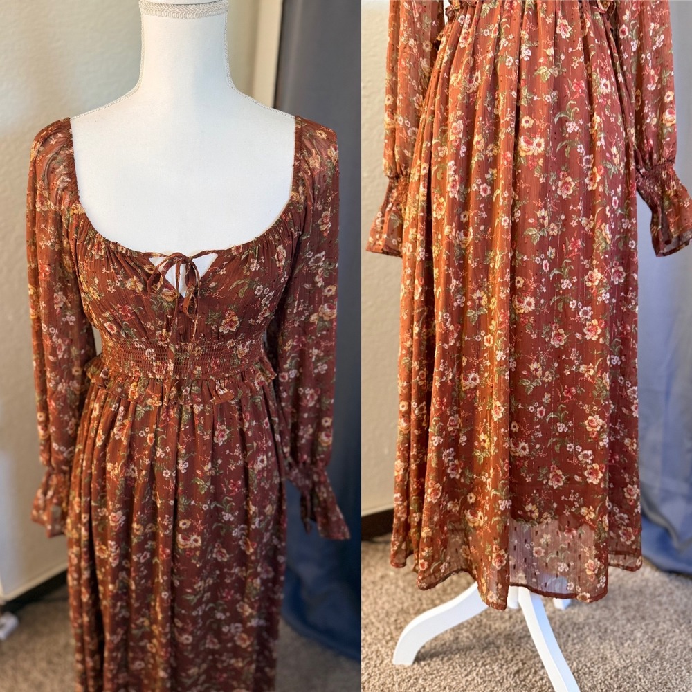 By The River Floral Smocked Midi Dress Rust Cottagecore Small - Picture 3 of 10